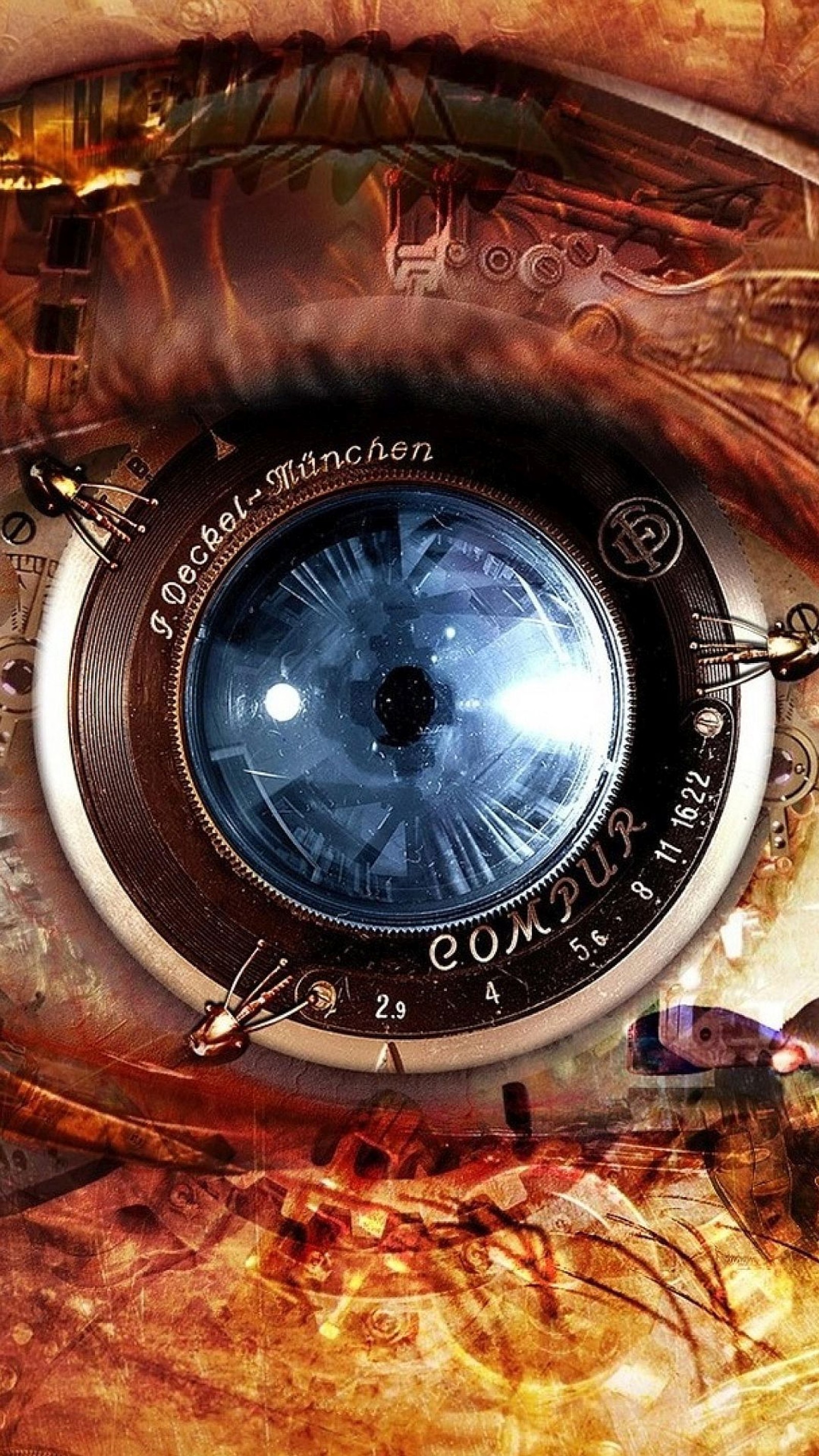 Eine nahaufnahme einer uhr im auge einer person. (augen, roboter, steampunk)