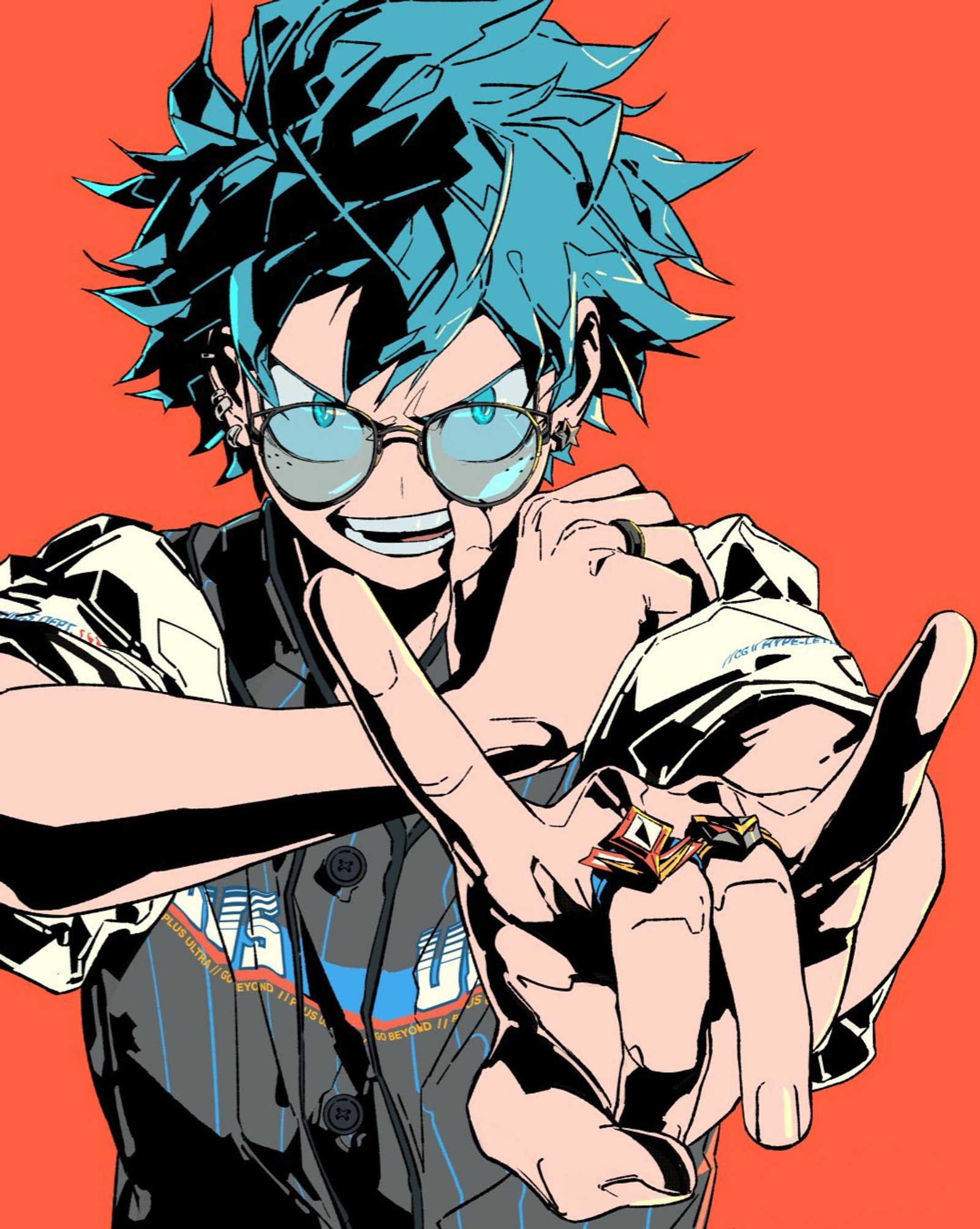 Garçon anime avec des cheveux bleus et des lunettes pointant quelque chose (helloclonion, mha)