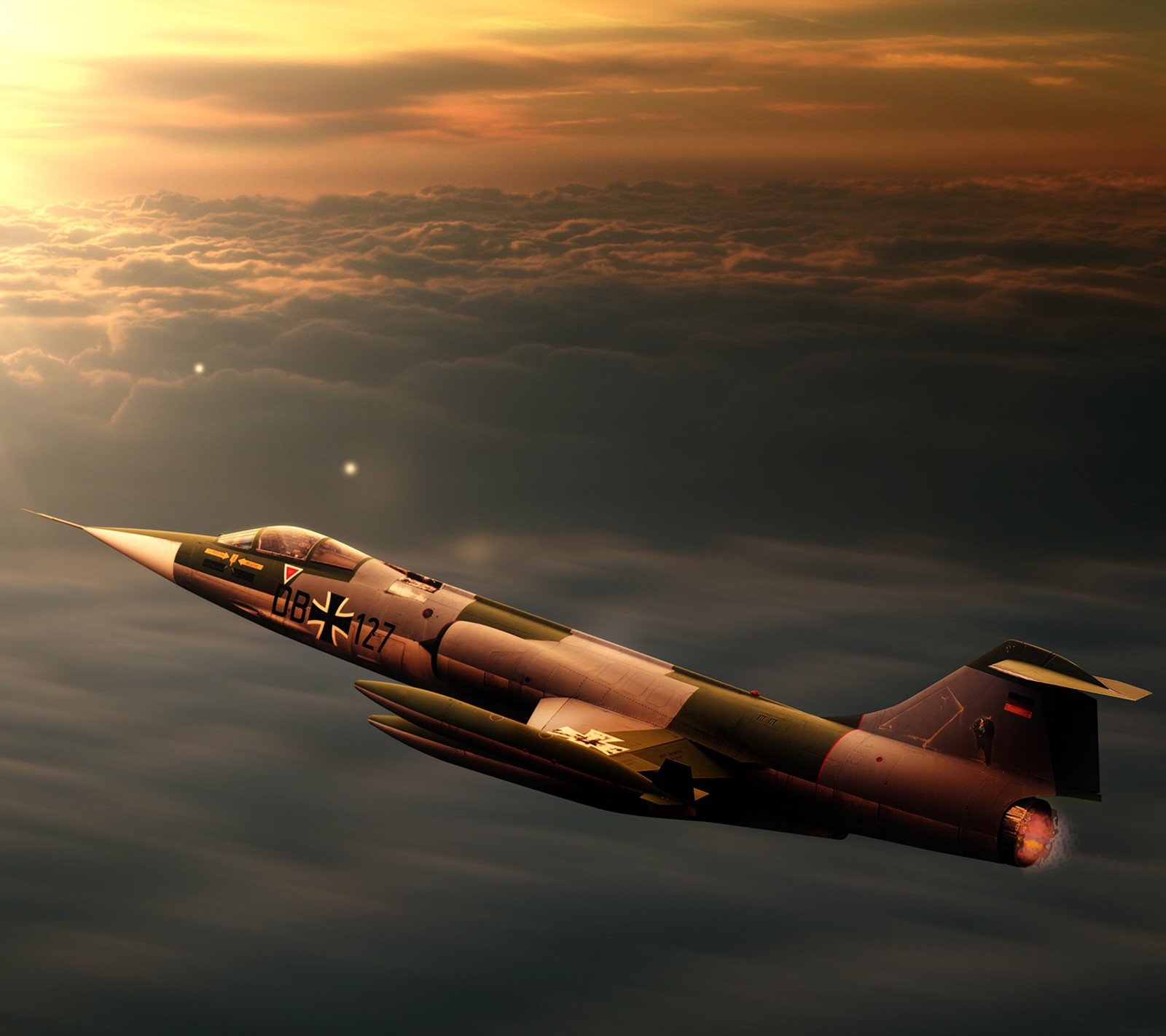 There is a jet flying through the air with the sun in the background (fighter, hd)