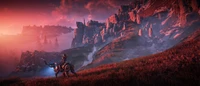 Aloy chevauche une monture mécanique à travers un paysage vibrant et dramatique au coucher du soleil dans Horizon Zero Dawn.