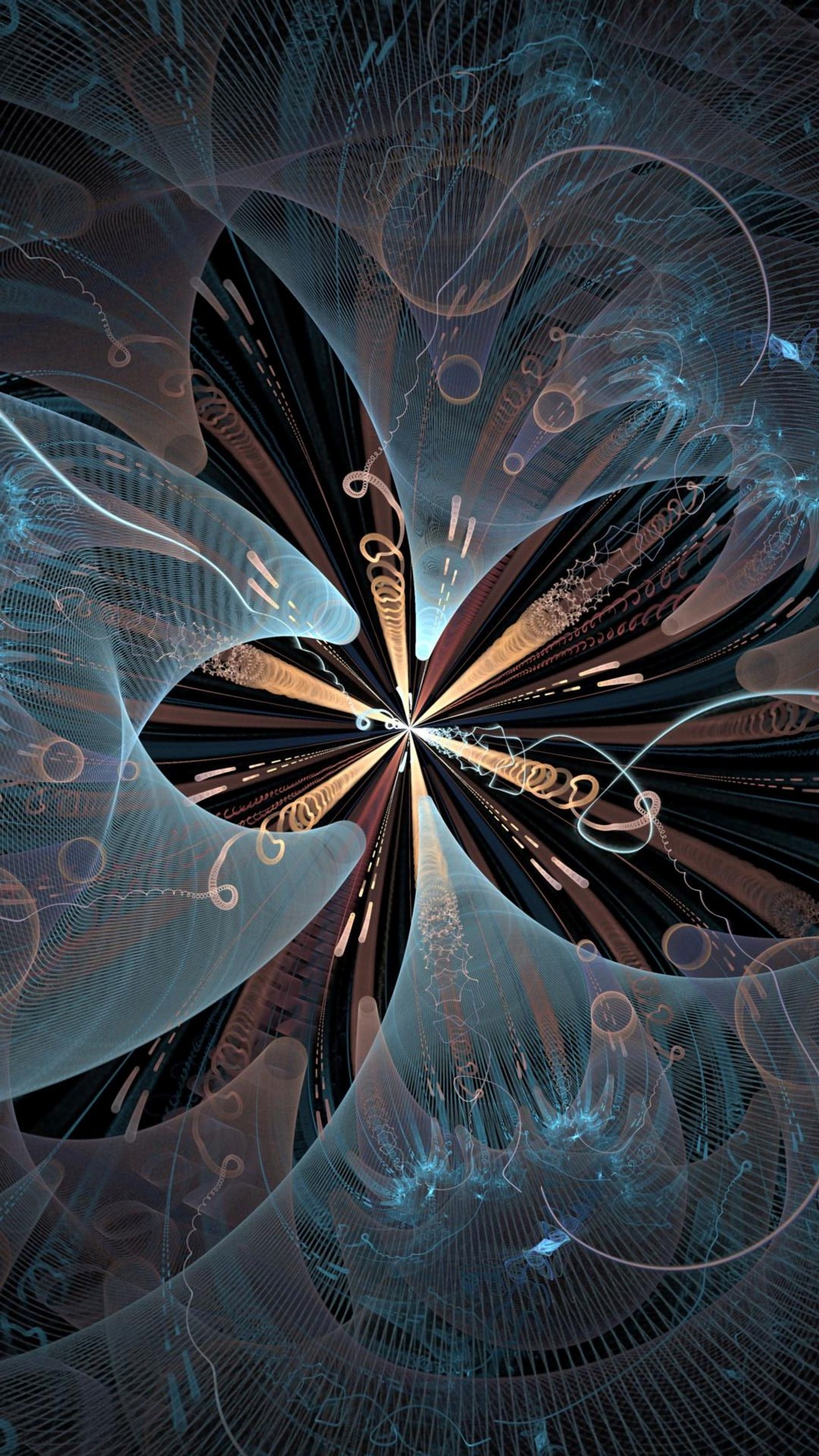 Arte digital abstracto de una flor con un fondo azul (azul, marrón, arte fractal, remolinos fractales)