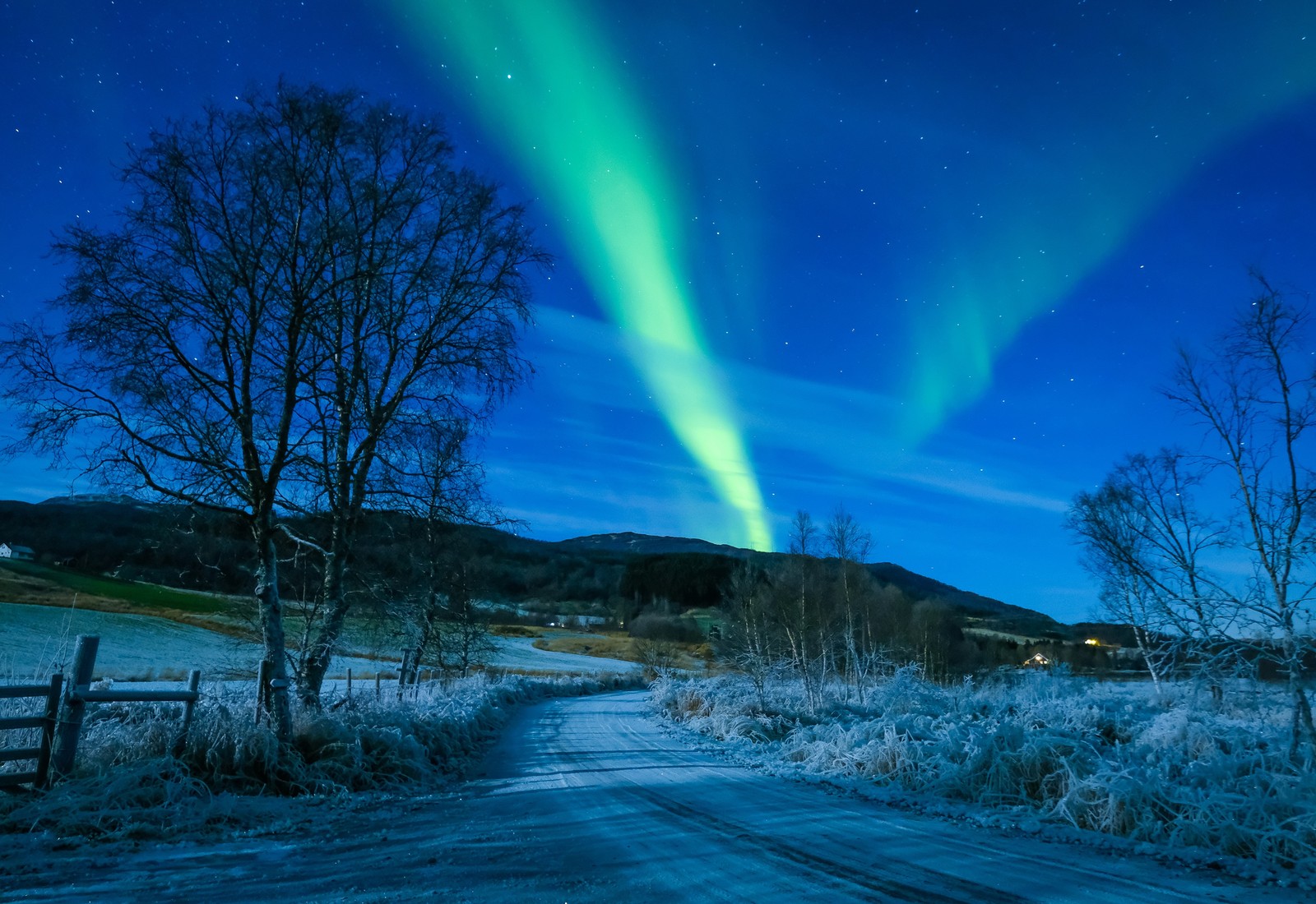 Vue d'une route avec une aurore boréale verte dans le ciel (aurore, nature, hiver, gel, paysage)