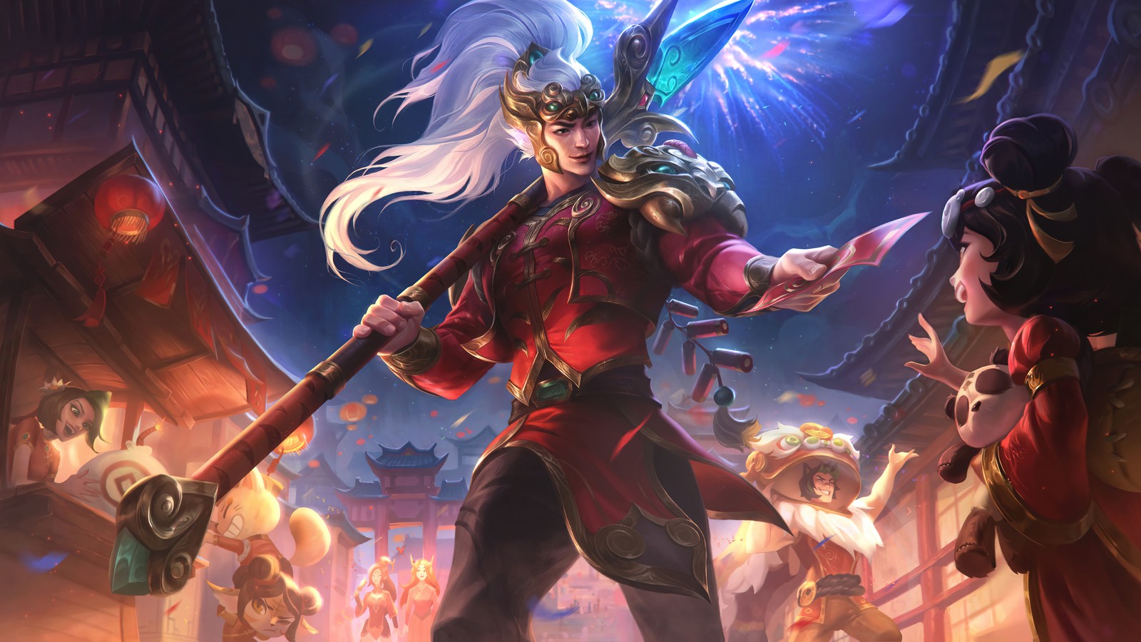 A woman in a red outfit holding a sword and a sword (firecracker, xin zhao, lol, splash art, league of legends)