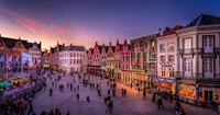 Vibrant Evening in a Historic Town Square