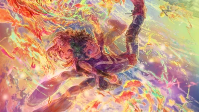 Izuku Midoriya et Ochaco Uraraka s'élèvent à travers un ciel vibrant et enflammé, entourés d'une énergie colorée et tourbillonnante, incarnant l'essence de l'amitié et de l'héroïsme dans "My Hero Academia".