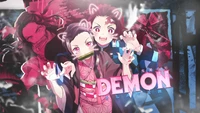 Tanjiro y Nezuko Kamado en una ilustración de anime dinámica y vibrante con el título "Cazador de Demonios" prominentemente mostrado.