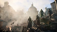 Арно Дориан и союзники в хаосе революции: сцена из Assassin's Creed Unity