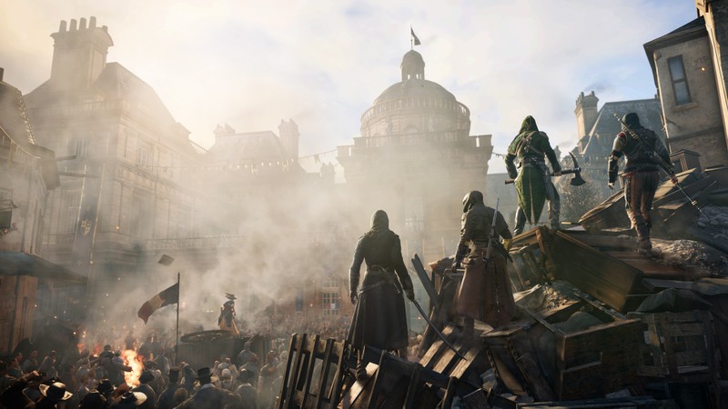 Группа людей стоит на вершине груды мусора (assassins creed unity, ассасинс крид, assassins creed, ubisoft, арно дориан)