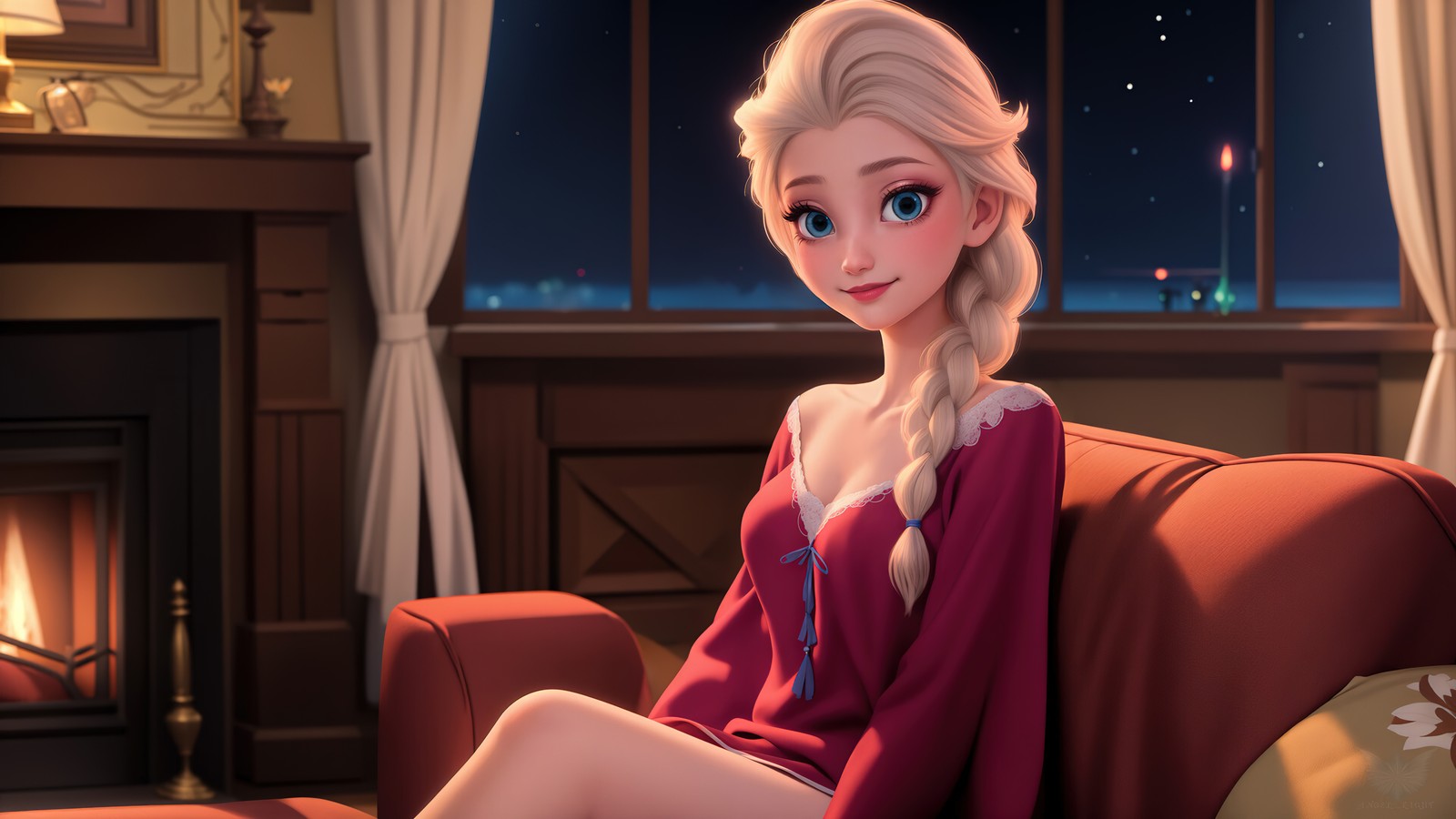 Женщина сидит на диване в комнате с камином (холодное сердце, frozen, эльза, elsa, принцесса диснея)