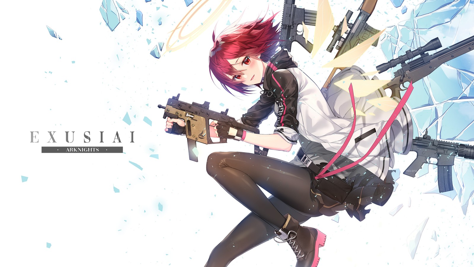 Anime girl with guns and a gun in her hand (exusiai, arknights, anime girls, video game, rifle)