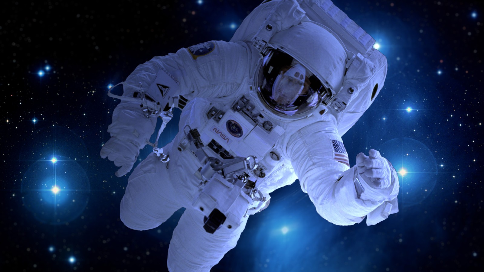 An astronaut in a spacesuit floating in the air with stars in the background (astronaut, international space station, outer space, nasa, space exploration)