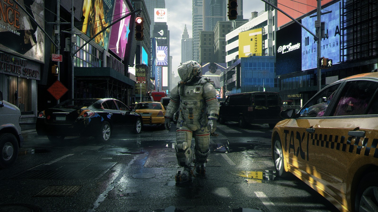 Arafed man in a space suit walking down a city street (pragmata, sci fi, video game)