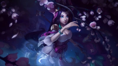 Nami, le Bâton Splendide, émerge gracieusement des eaux sereines, entourée de fleurs de cerisier dans une magnifique illustration de League of Legends.