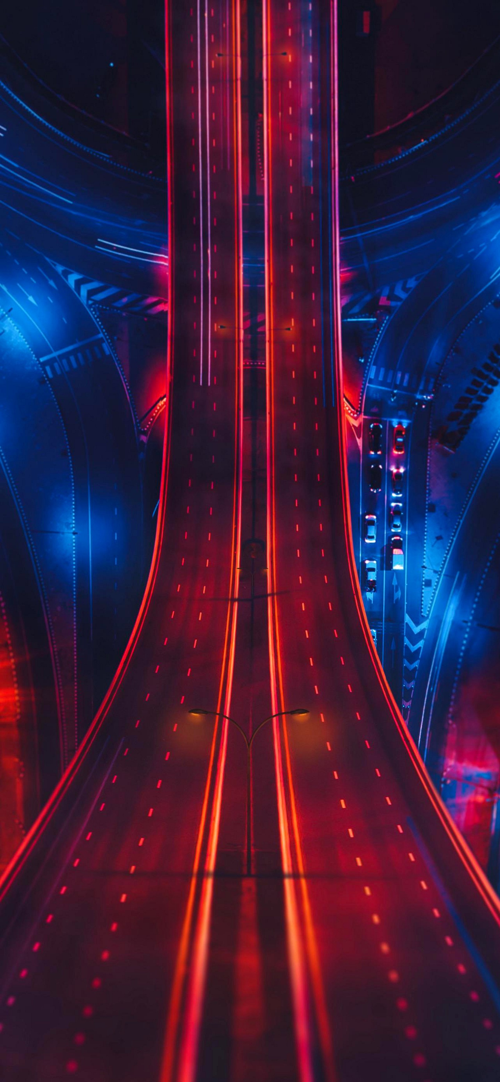 A close up of a long road with red and blue lights (light, automotive lighting, escalator, electricity, line)