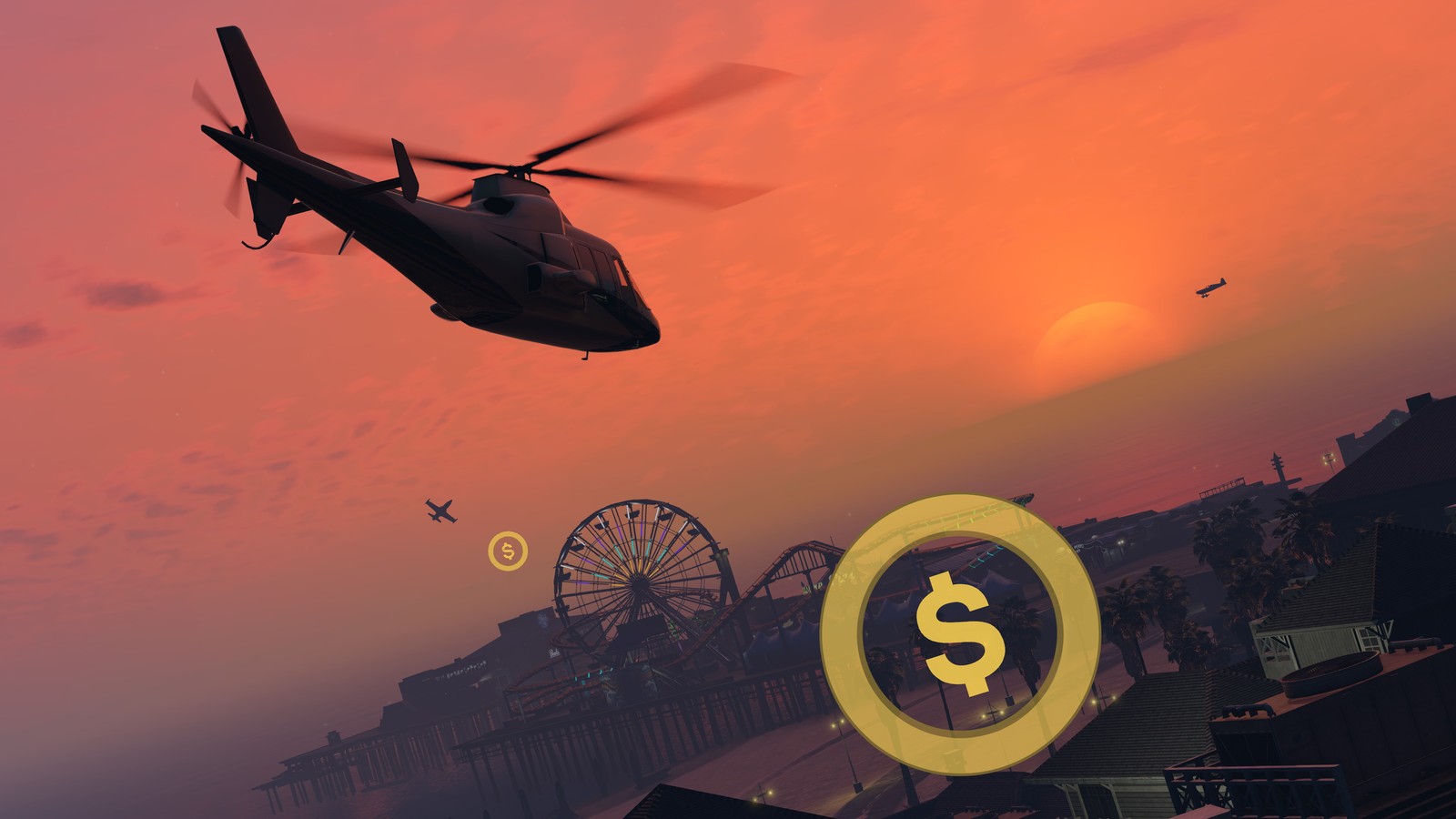 Un primer plano de un helicóptero volando sobre una ciudad al atardecer (grand theft auto v, mundo abierto, playstation 4, helicóptero, aeronave de rotor)