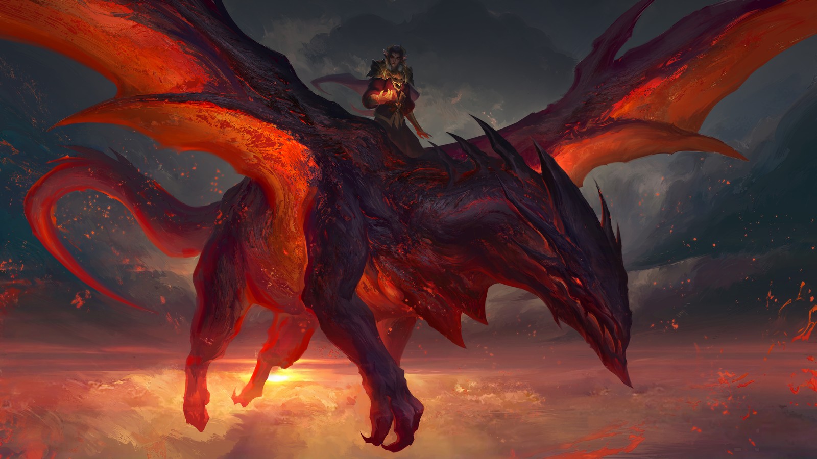 Un homme chevauchant un dragon dans le ciel (dragon, cavalier, fantaisie, art)