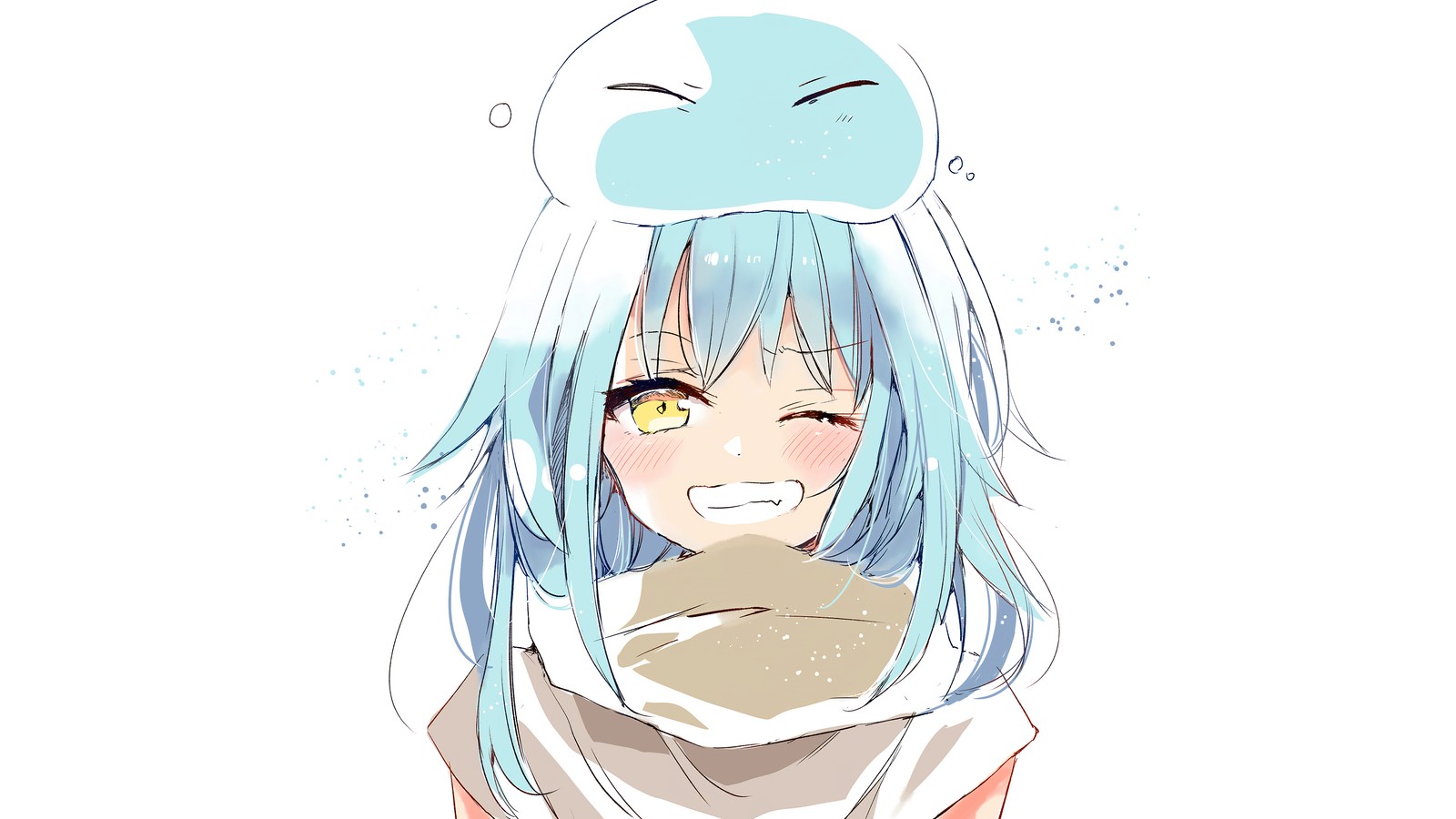 Anime, una chica con cabello azul y un sombrero blanco sostiene un trozo de papel (rimuru tempest, tensura, tensei shitara slime datta ken, that time i got reincarnated as a slime, anime)