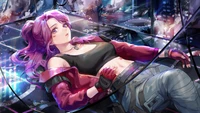 Fille d'anime cyberpunk avec des cheveux violets dans un paysage urbain futuriste