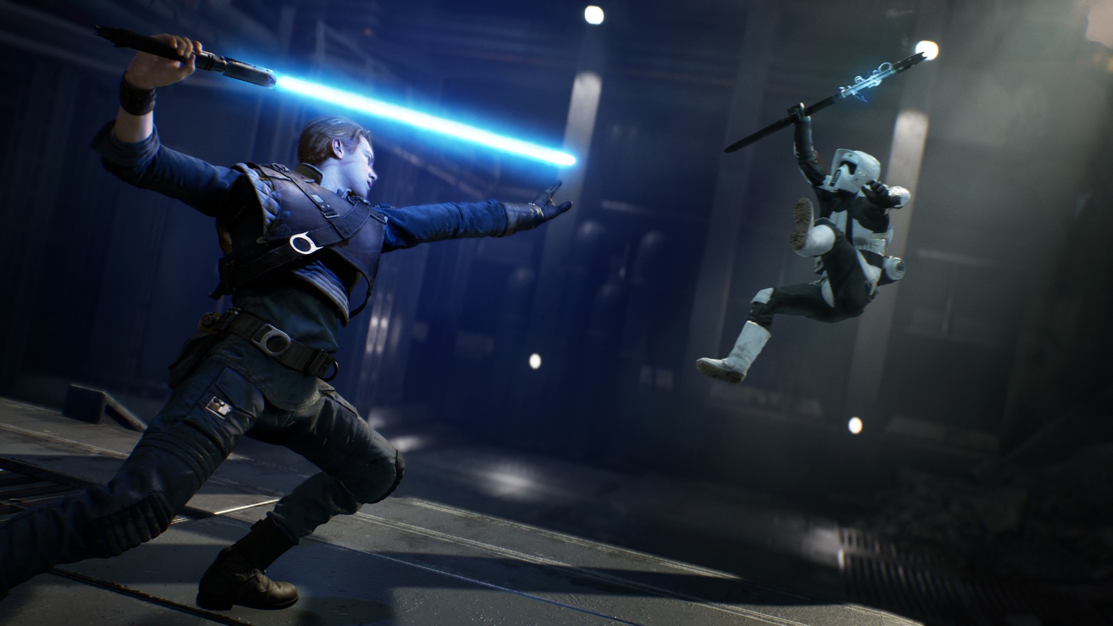 Un hombre con una camisa azul sosteniendo un sable de luz ao lado de un hombre com uma camisa preta (star wars jedi fallen order, videojuego, sable de luz, lightsaber)