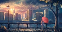 paysage, anime, zone urbaine, ciel, horizon