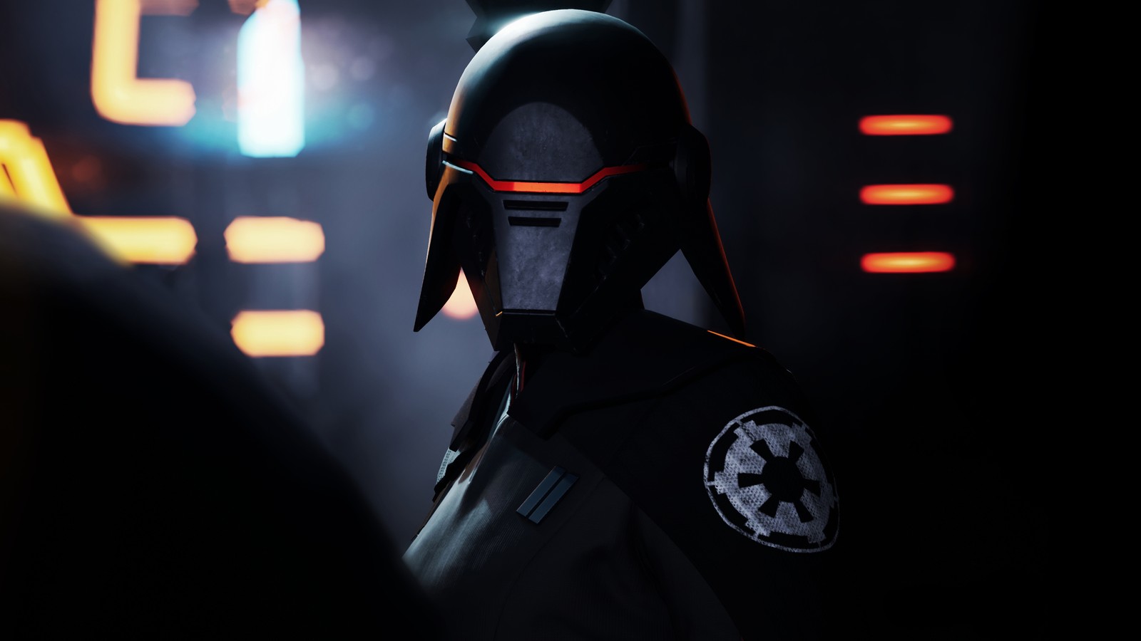 A close up of a helmet on a person in a dark room (star wars jedi fallen order, video game)