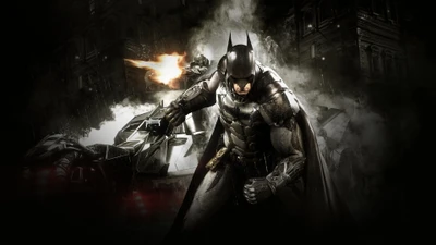 Batman in Aktion: Der Dunkle Ritter taucht aus den Schatten auf - Arkham Knight 4K Hintergrundbild