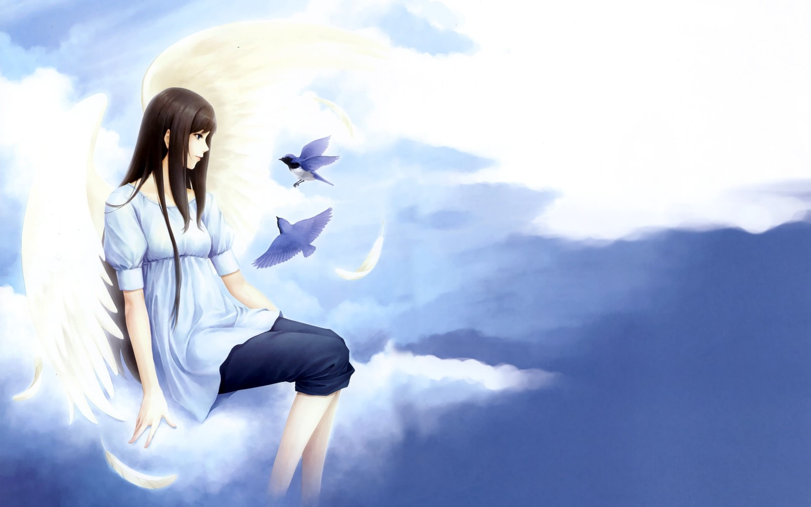 Fille anime assise sur un nuage avec des oiseaux volant autour d'elle (nuage, animation, nuages, ciel, bleu)