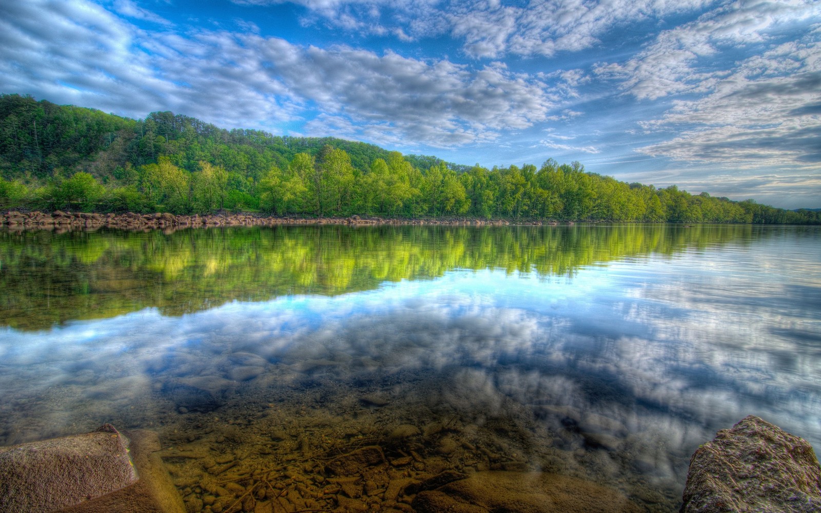 Blick auf einen see mit steinen und bäumen im hintergrund (reflexion, natur, wasser, see, wasserressourcen)