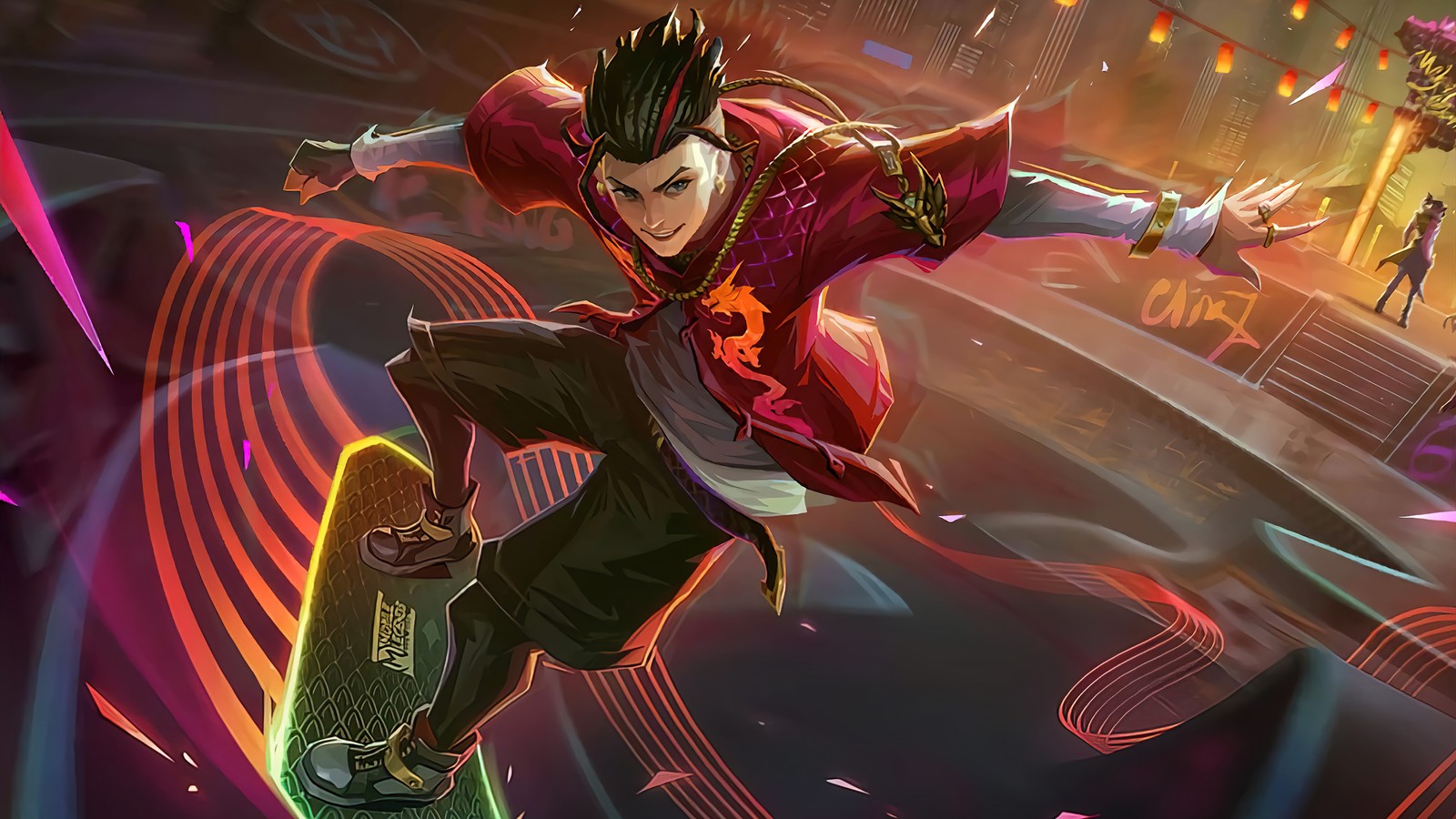 Une image arabe d'un skateur en veste rouge réalisant un trick (chou, étourdir, peau, mobile legends, bang bang)