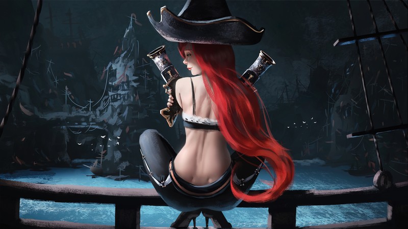 Крупный план женщины с красными волосами и шляпой (мисс фортуна, miss fortune, league of legends, lol, видеоигра)