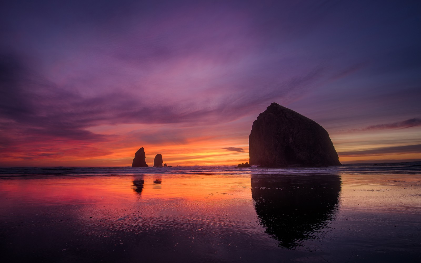 Téléchargez le fond d'écran oregon coast, coucher de soleil, plage, ciel pourpre, nature