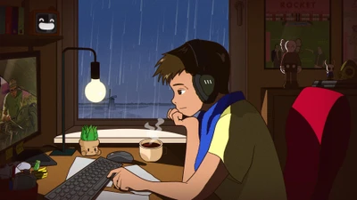 chico lofi, escuchando música, interior, trabajando, solo