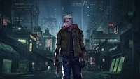 A lone cyborg stands in a neon-lit urban landscape, embodying the essence of a cyberpunk world filled with futuristic cityscapes and dark alleys.