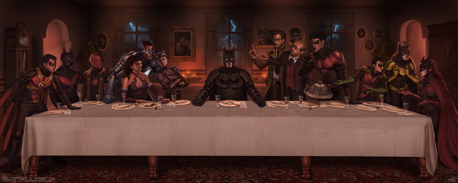 A group of people sitting around a table with plates and knives (batman, robin, red hood, dc comics, catwoman)