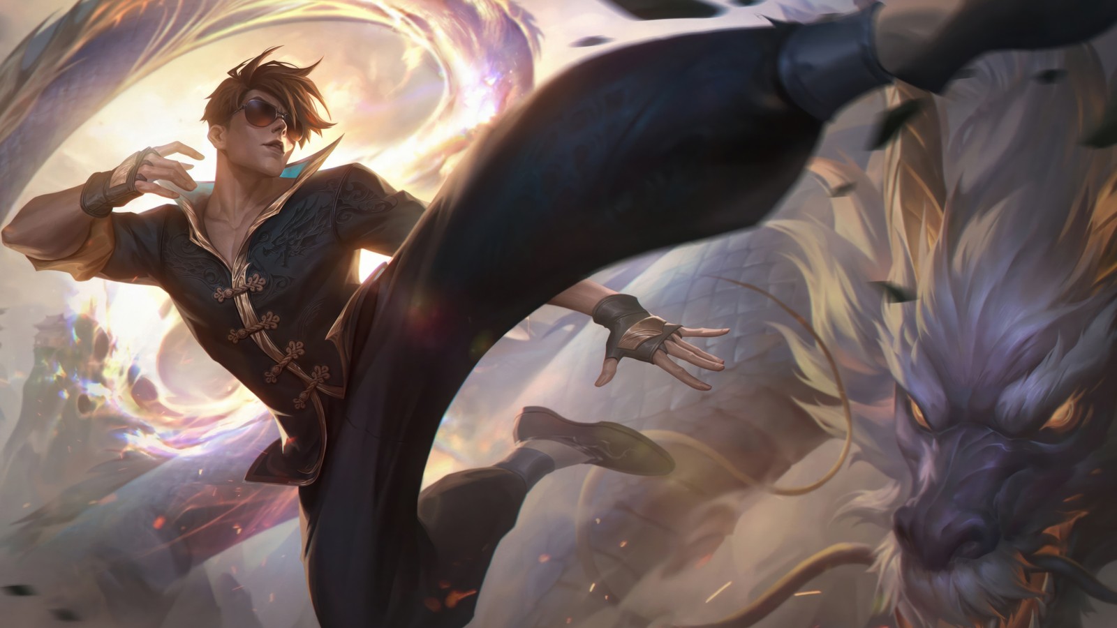 A close up of a person kicking a ball with a sword (lee sin, dragon fist, black, chroma, league of legends)