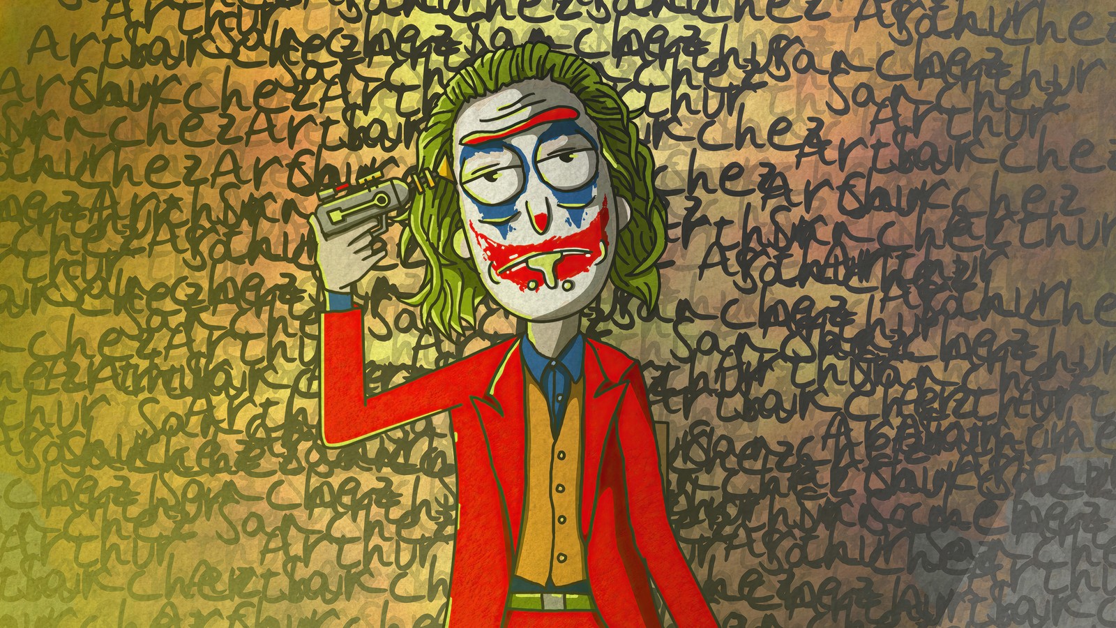 Painting of a clown with a red suit and glasses holding a gun (rick sanchez, joker, rick and morty, tv series, cartoon)