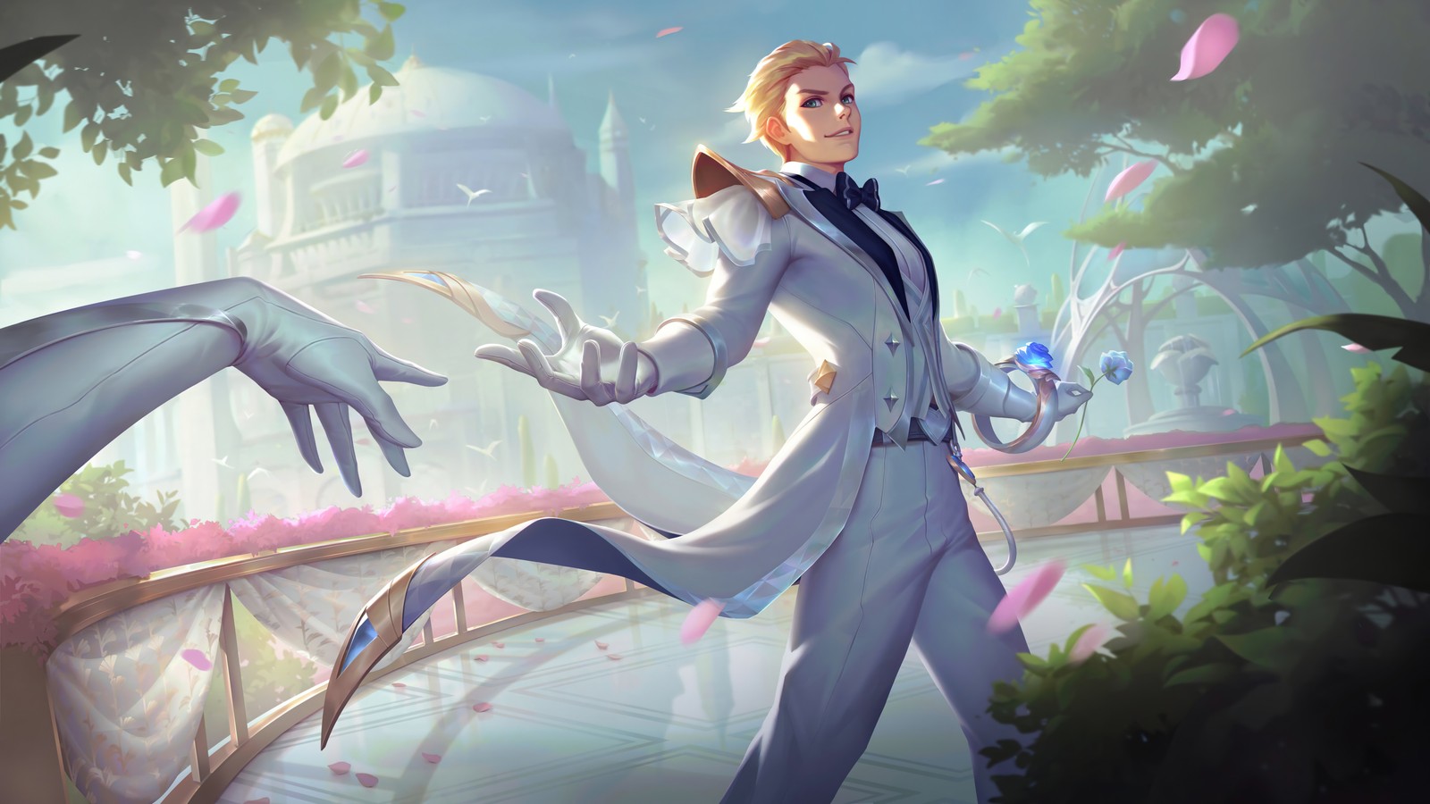 Una mujer en un traje blanco y un abrigo blanco sostiene una espada (rosa de cristal, ezreal, piel, lol wild rift, arte conceptual)