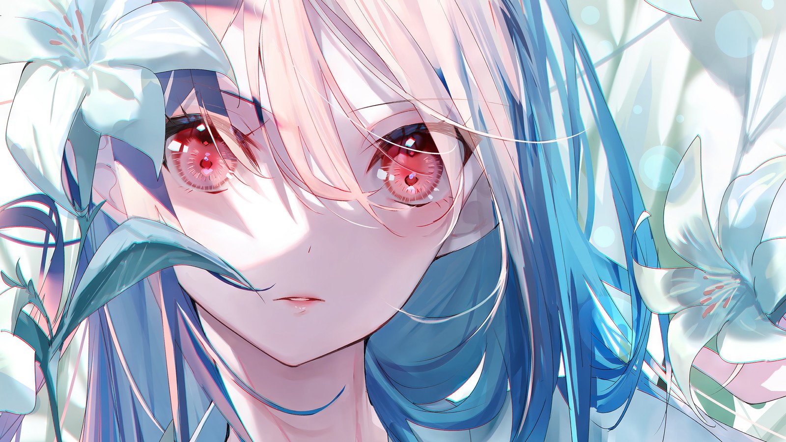 Fille anime avec des cheveux bleus et des yeux roses (anime, filles danime, œil rouge, cheveux bleus)