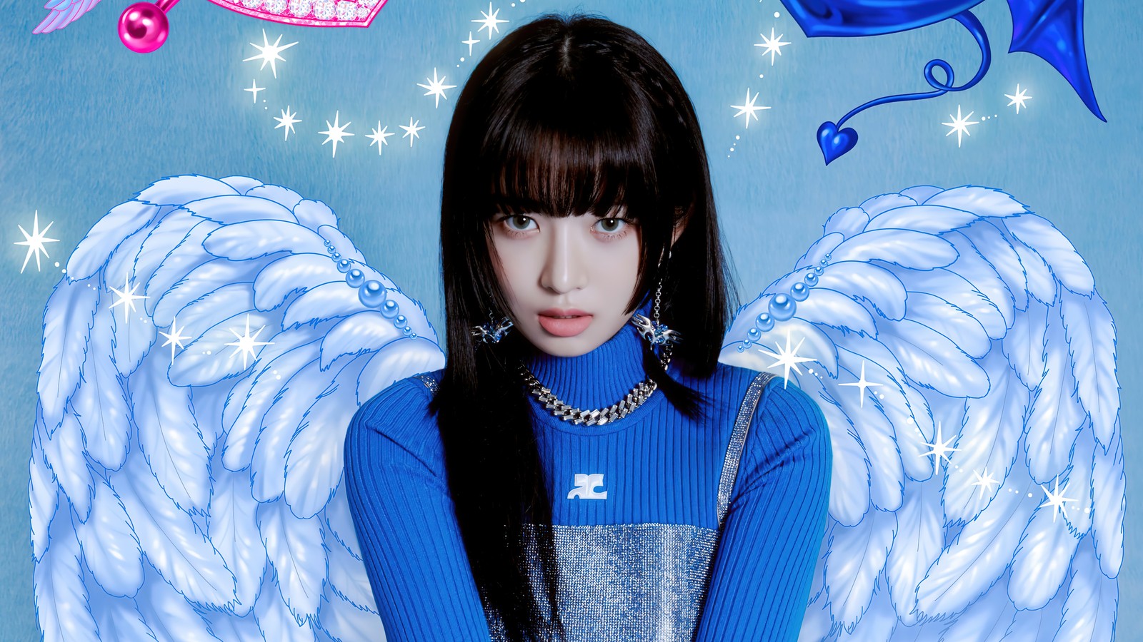 There is a woman with long hair and a blue top with angel wings (ive, 아이브, korean, girl group, k pop)