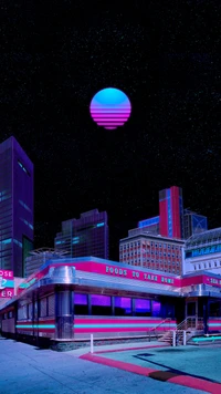 A vibrant, neon-lit urban scene featuring a retro diner against a backdrop of towering skyscrapers, illuminated by a stylized celestial body, blending elements of modern architecture and nostalgic design under a starry night sky.