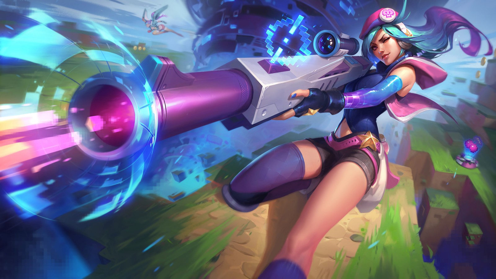 Uma mulher com um traje rosa segurando uma pistola roxa e azul (caitlyn, arte visual, lol, league of legends, jogo de vídeo)