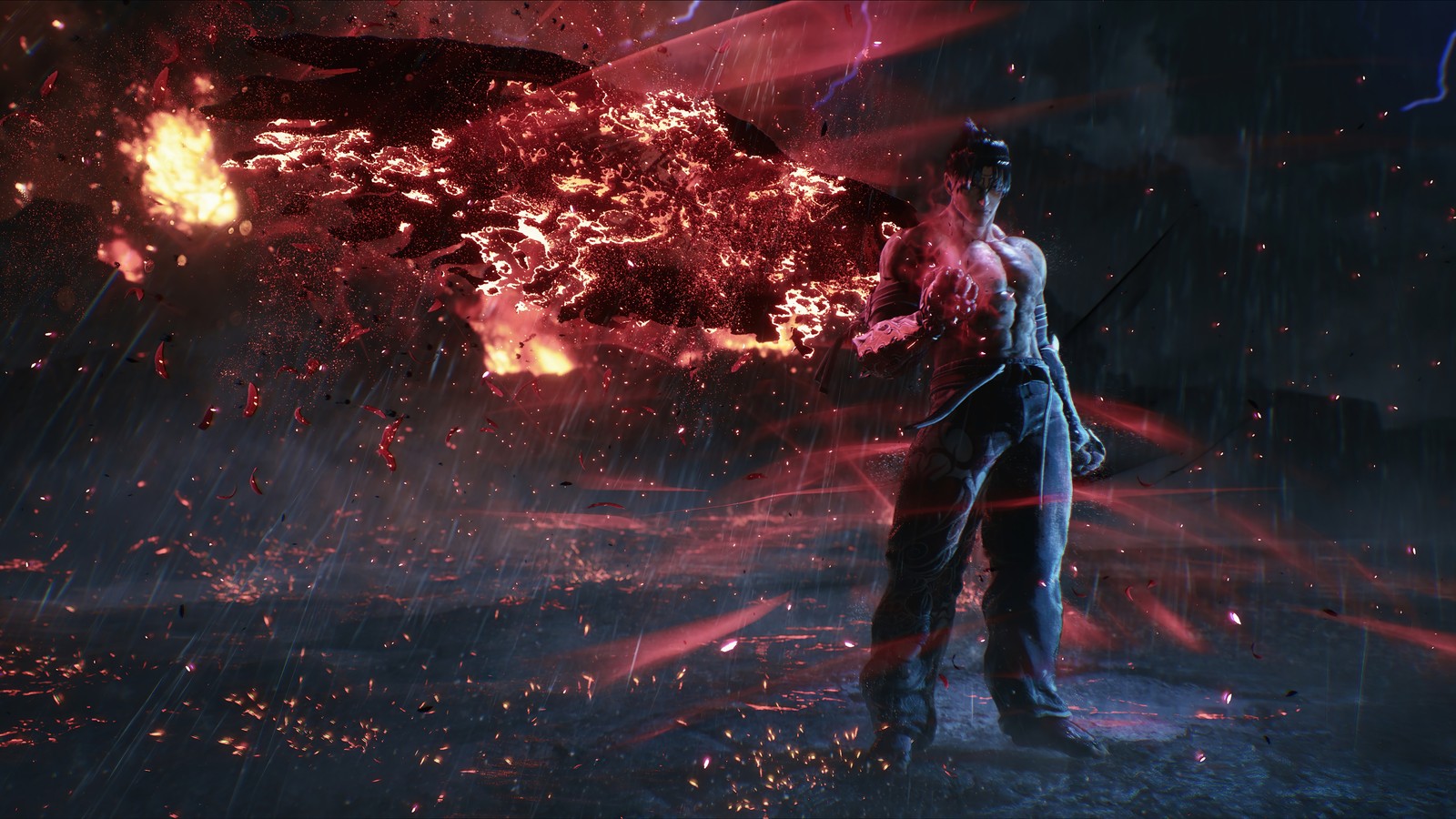 Un homme debout sous la pluie avec une boule de feu dans la main (devil jin, tekken 8, jeu vidéo, tekken)