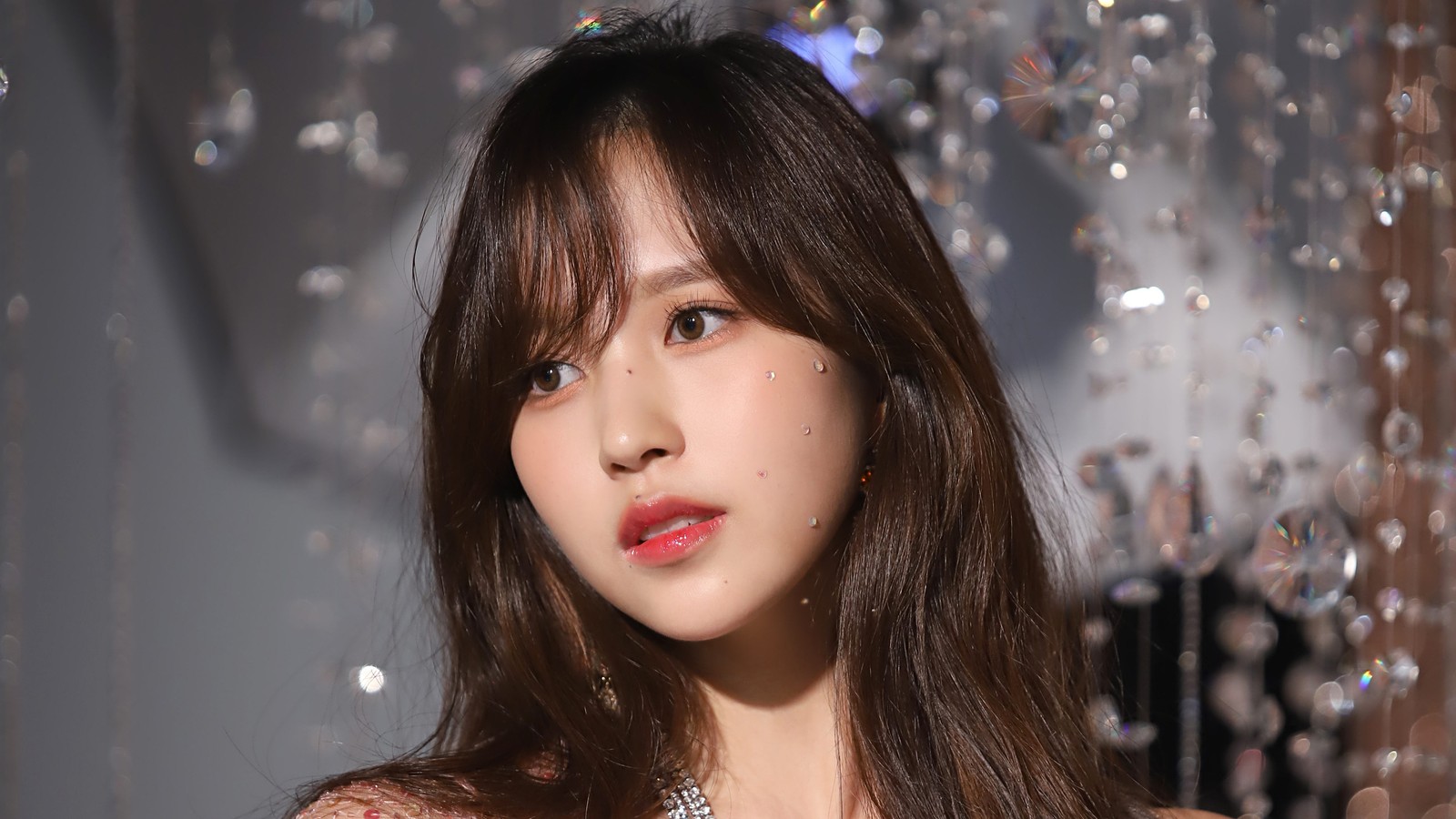 A close up of a woman with long hair wearing a necklace (mina, 미나, myoui mina, twice kpop, feel special)