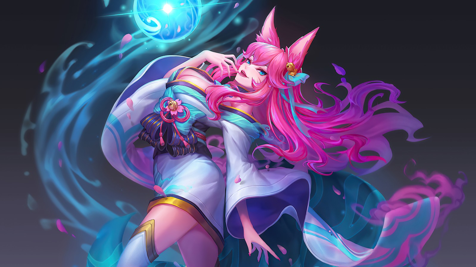 Uma mulher com cabelo rosa e um vestido azul segurando um orbe brilhante (ahri, lol, league of legends, jogo de vídeo, flor espiritual)