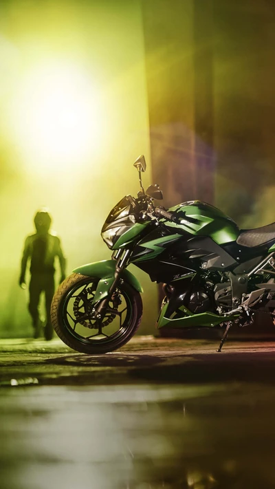 Kawasaki Z300: Яркий зеленый мотоцикл в драматичной городской обстановке