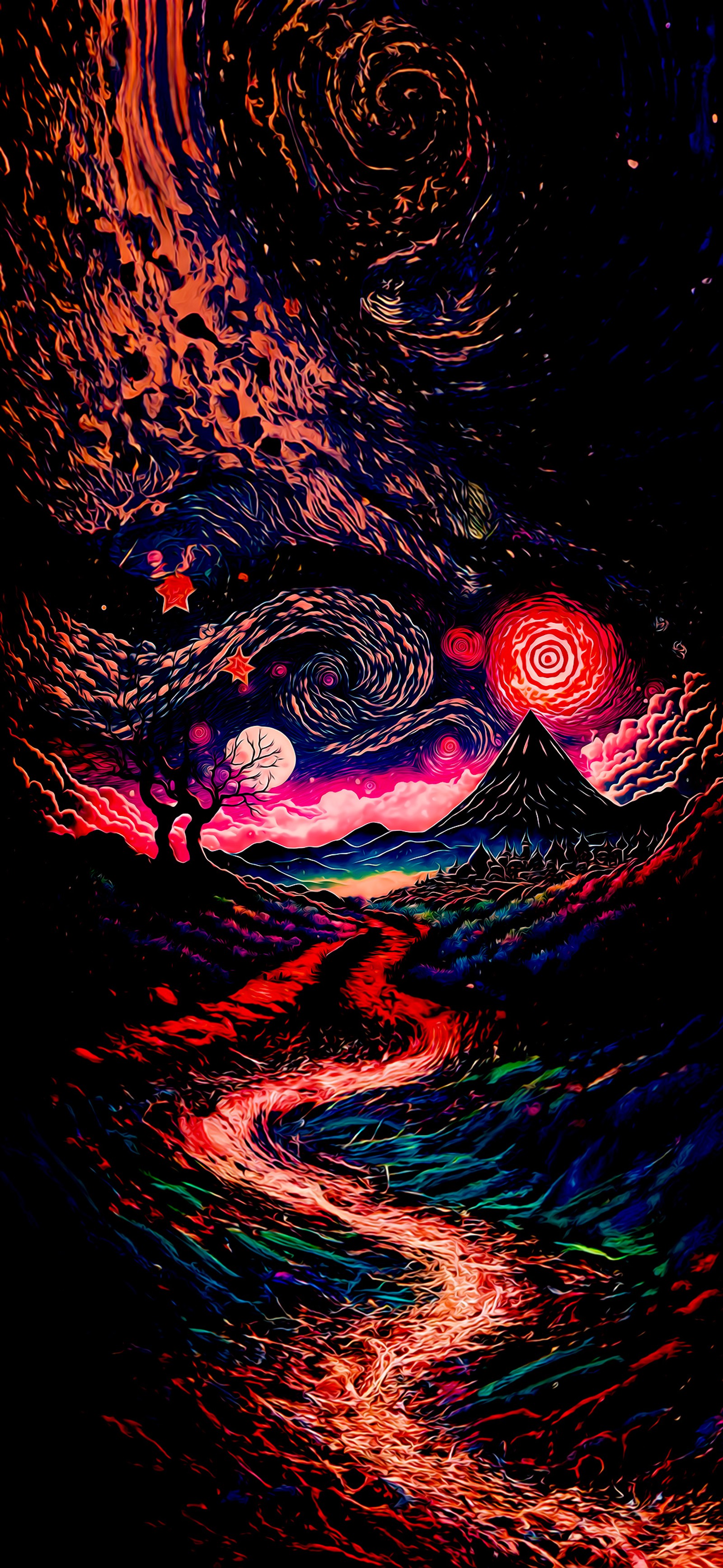 Painting of a colorful swirly sky with a river in the foreground (painting, visual arts, art, graphic design, drawing)