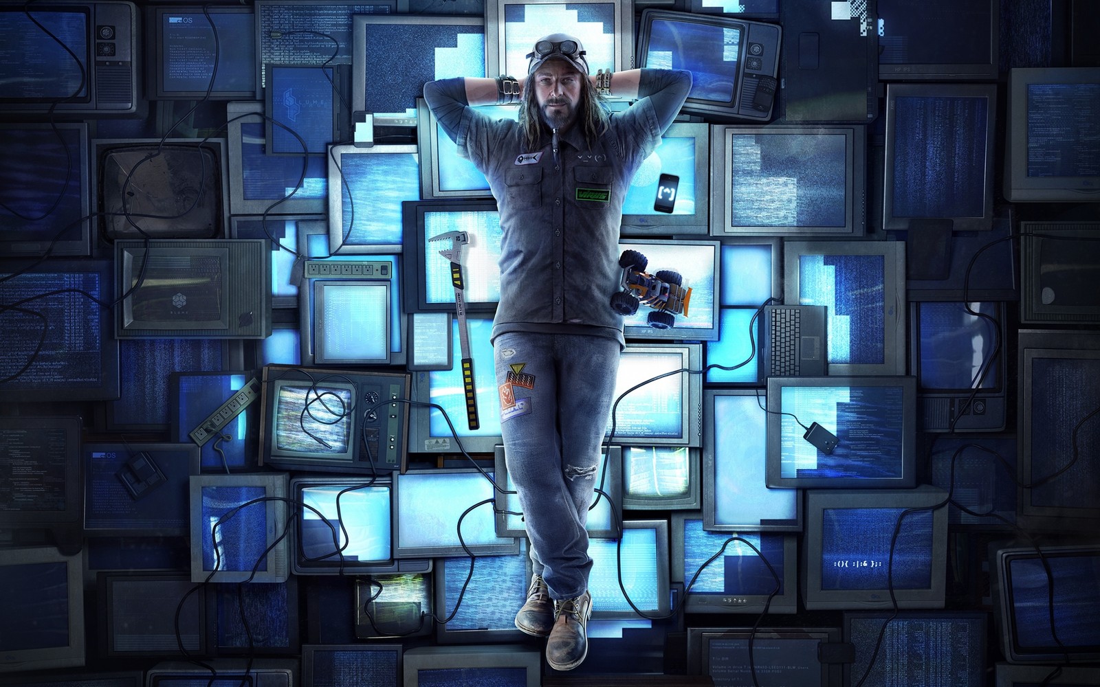 Ein mann steht vor einer wand von fernsehern (watch dogs, charakter)