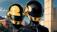 Futuristic Duo in Stylized Helmets