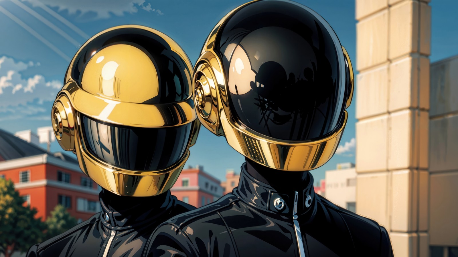 Zwei personen in schwarzen und goldenen helmen stehen nebeneinander (daft punk, digitale kunst)