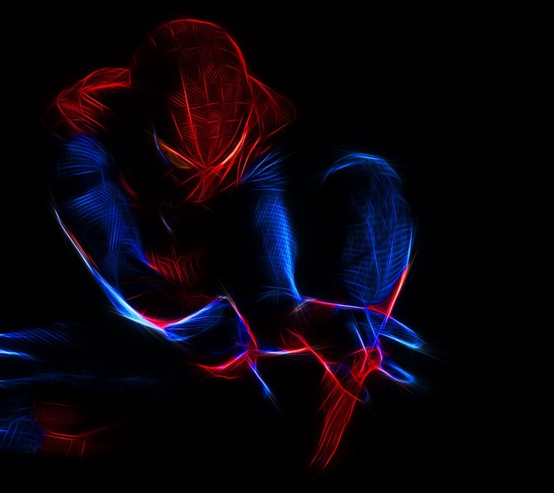 Spider man sentado de rodillas en la oscuridad con una luz roja y azul (diseño, juego, película, spider light)